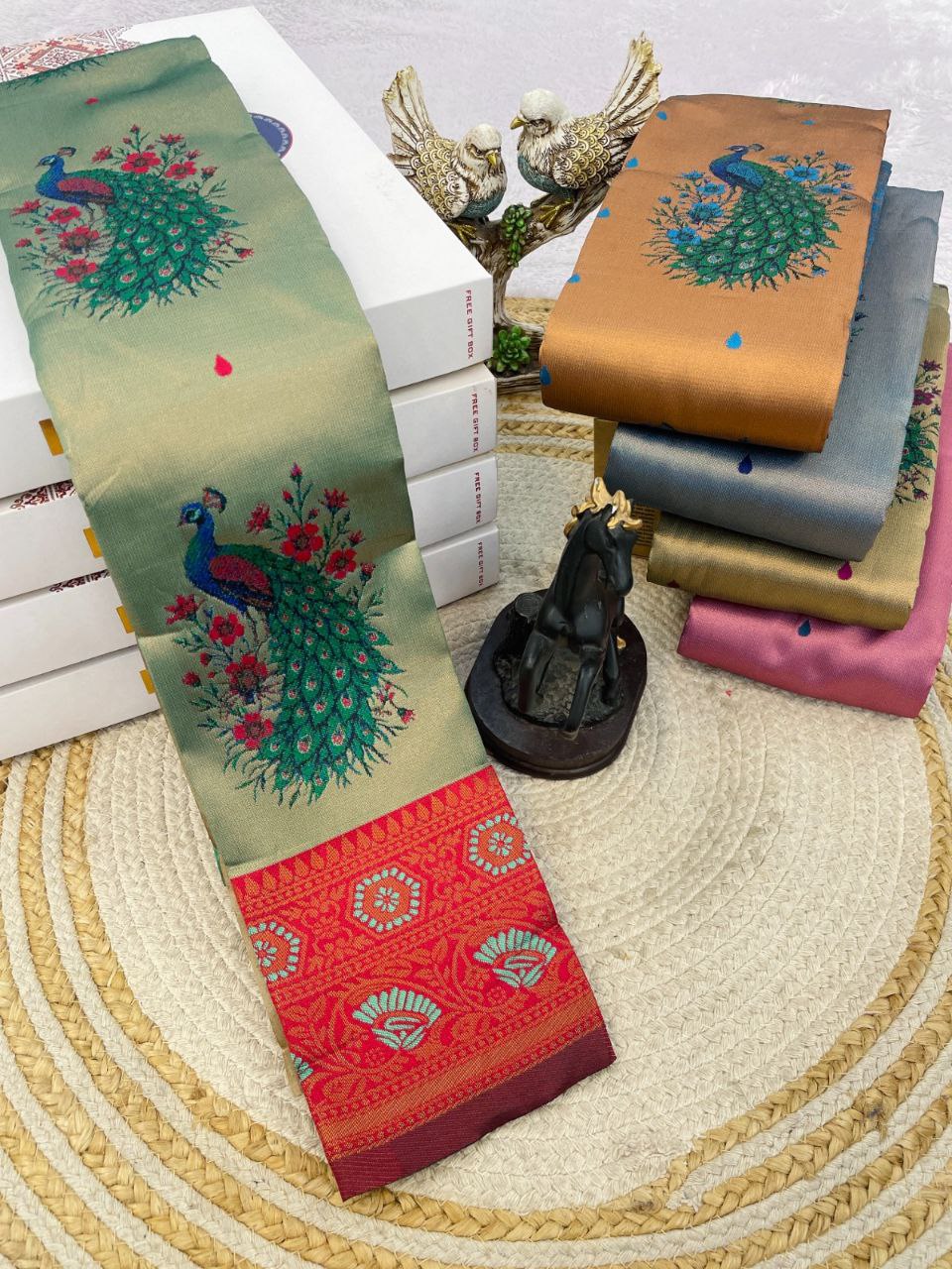 Maharani Mayura Premium Silk Saree with Regal Peacock Motifs and Heritage Woven Pallu - PISTA