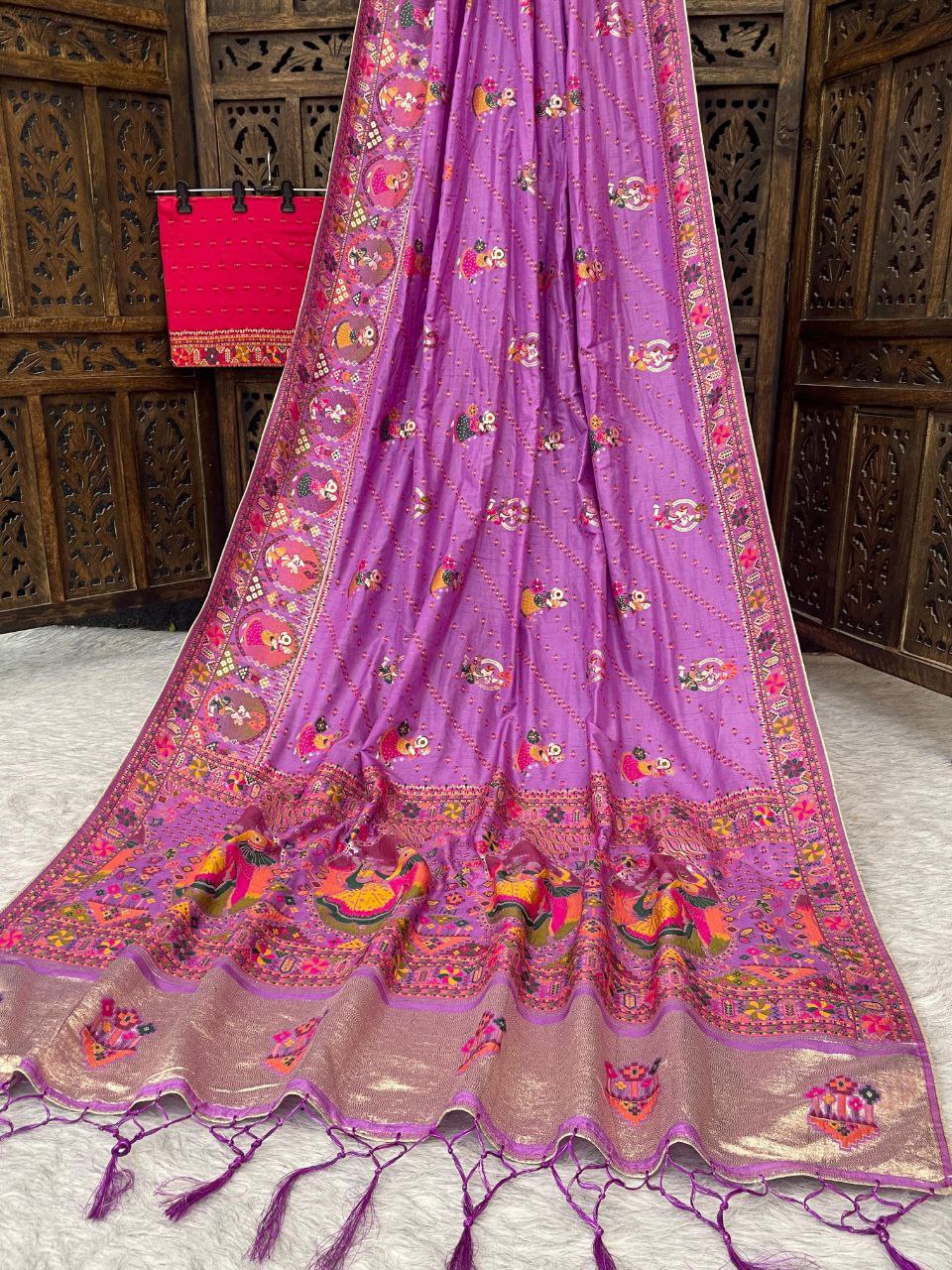 Elegant Soft Silk  Saree with Pashmina Work & Contrast Blouse - LIGHT PURPLE