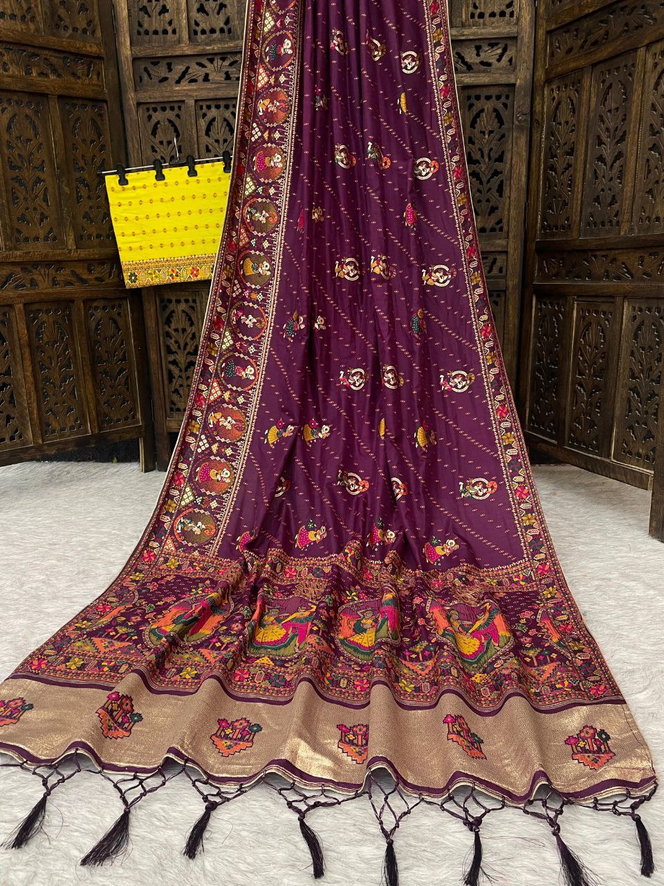 Elegant Soft Silk  Saree with Pashmina Work & Contrast Blouse - WINE