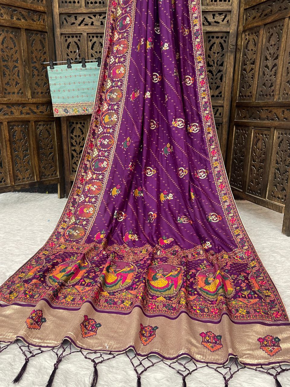 Elegant Soft Silk  Saree with Pashmina Work & Contrast Blouse - DARK PURPLE