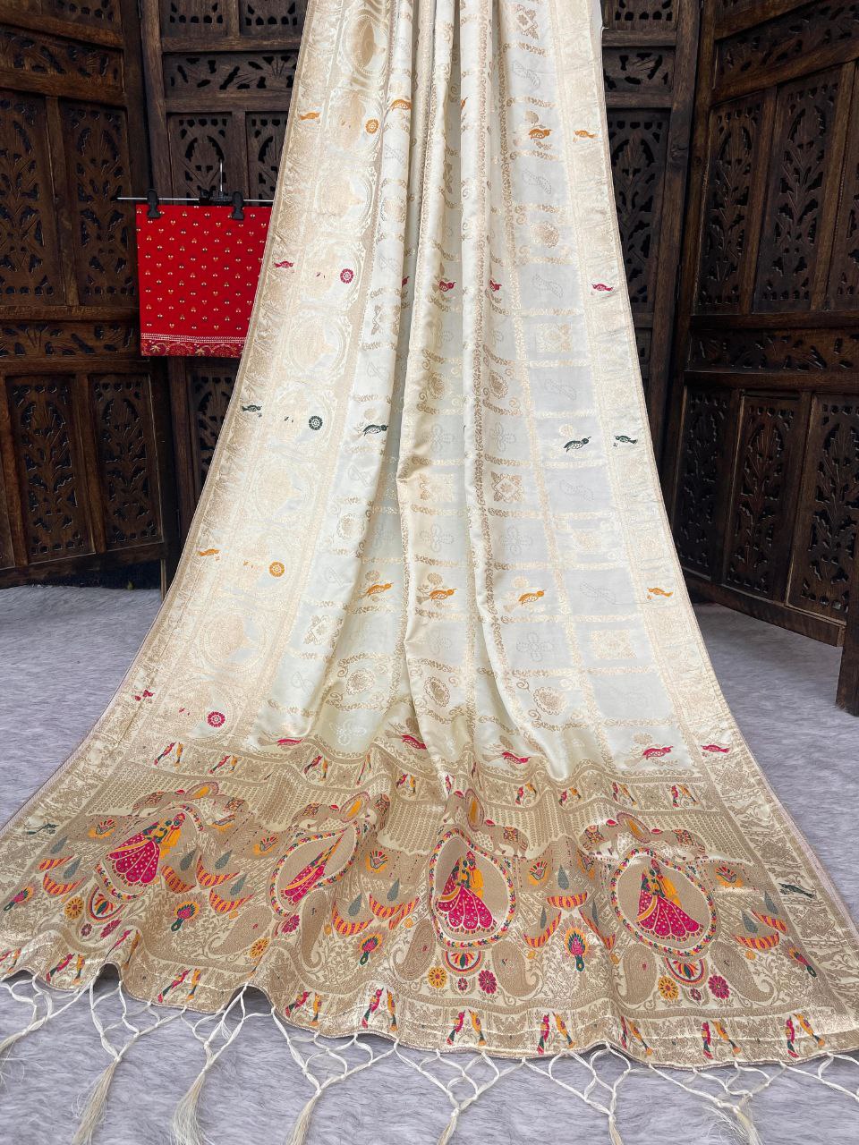 Maharani Vaibhavi Heritage Paithani Saree with Royal Motif Weaving - WHITE