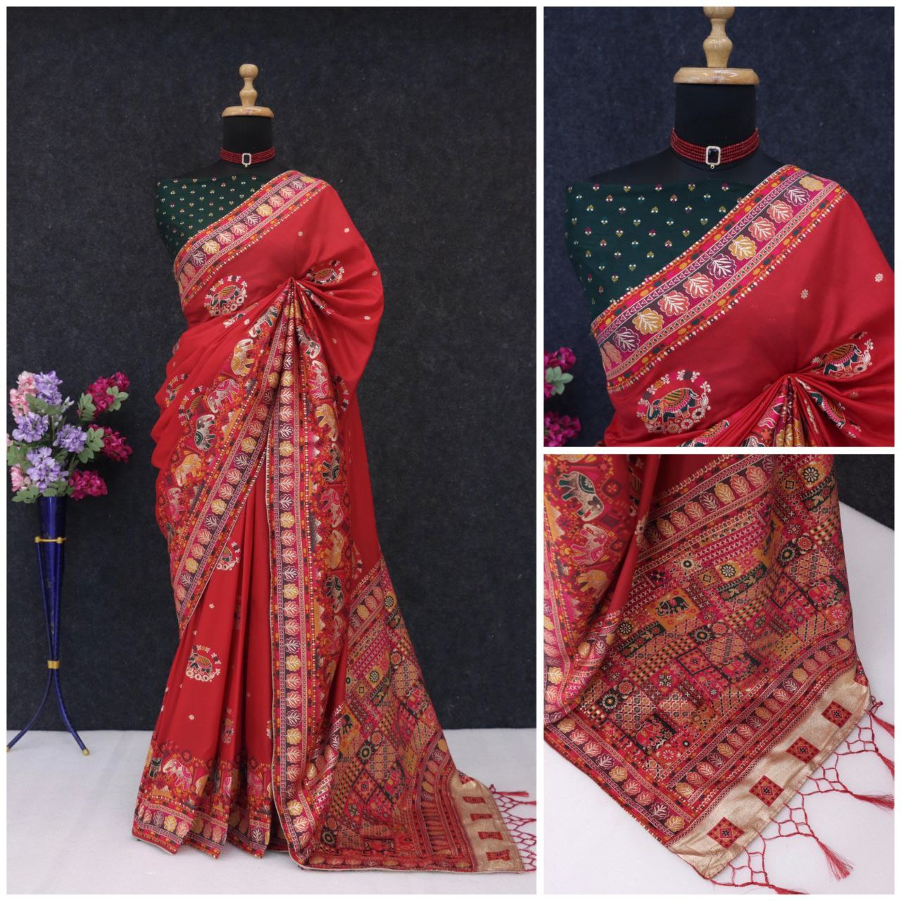 Ethnic Jacquard Silk Saree with Elephant Border - RED