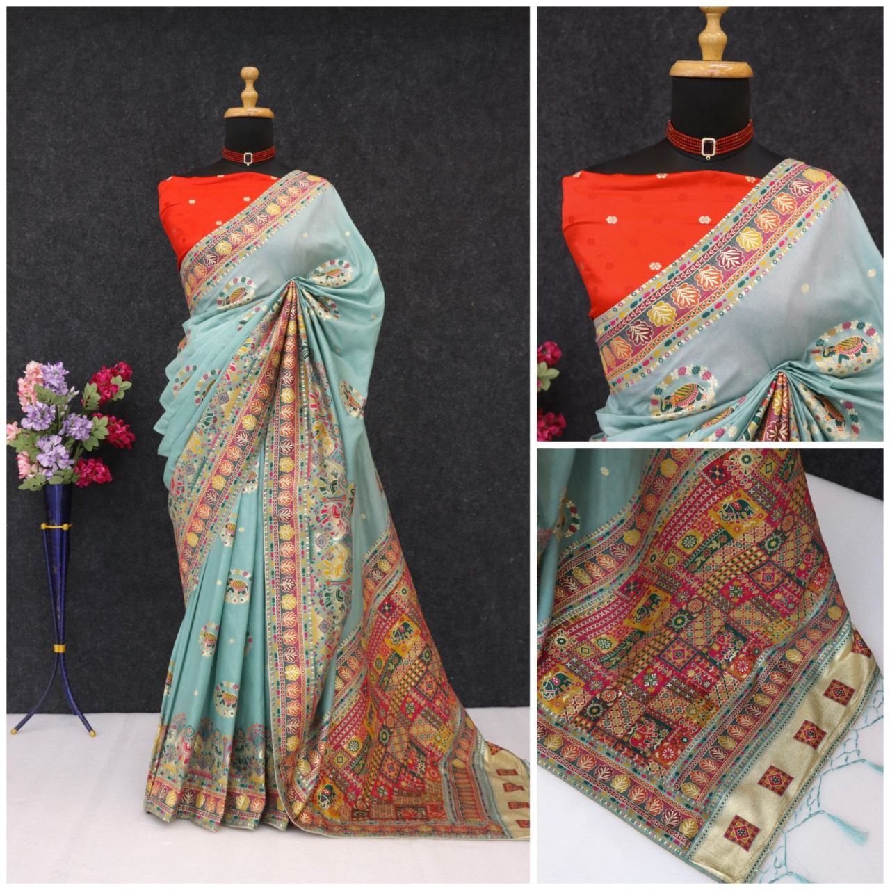 Ethnic Jacquard Silk Saree with Elephant Border - SKY