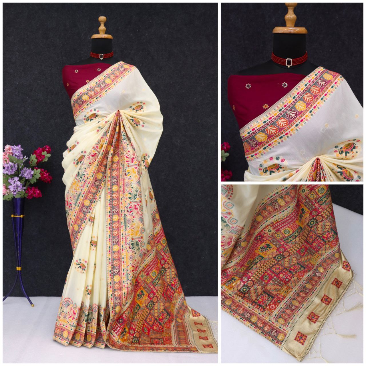 Ethnic Jacquard Silk Saree with Elephant Border - OFF WHITE