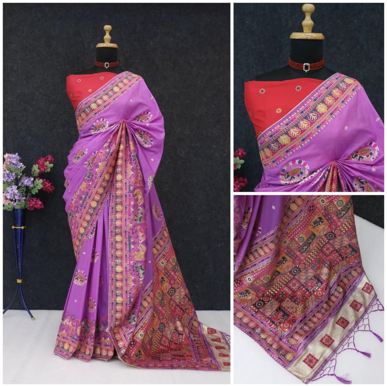 Ethnic Jacquard Silk Saree with Elephant Border - LIGHT PURPLE