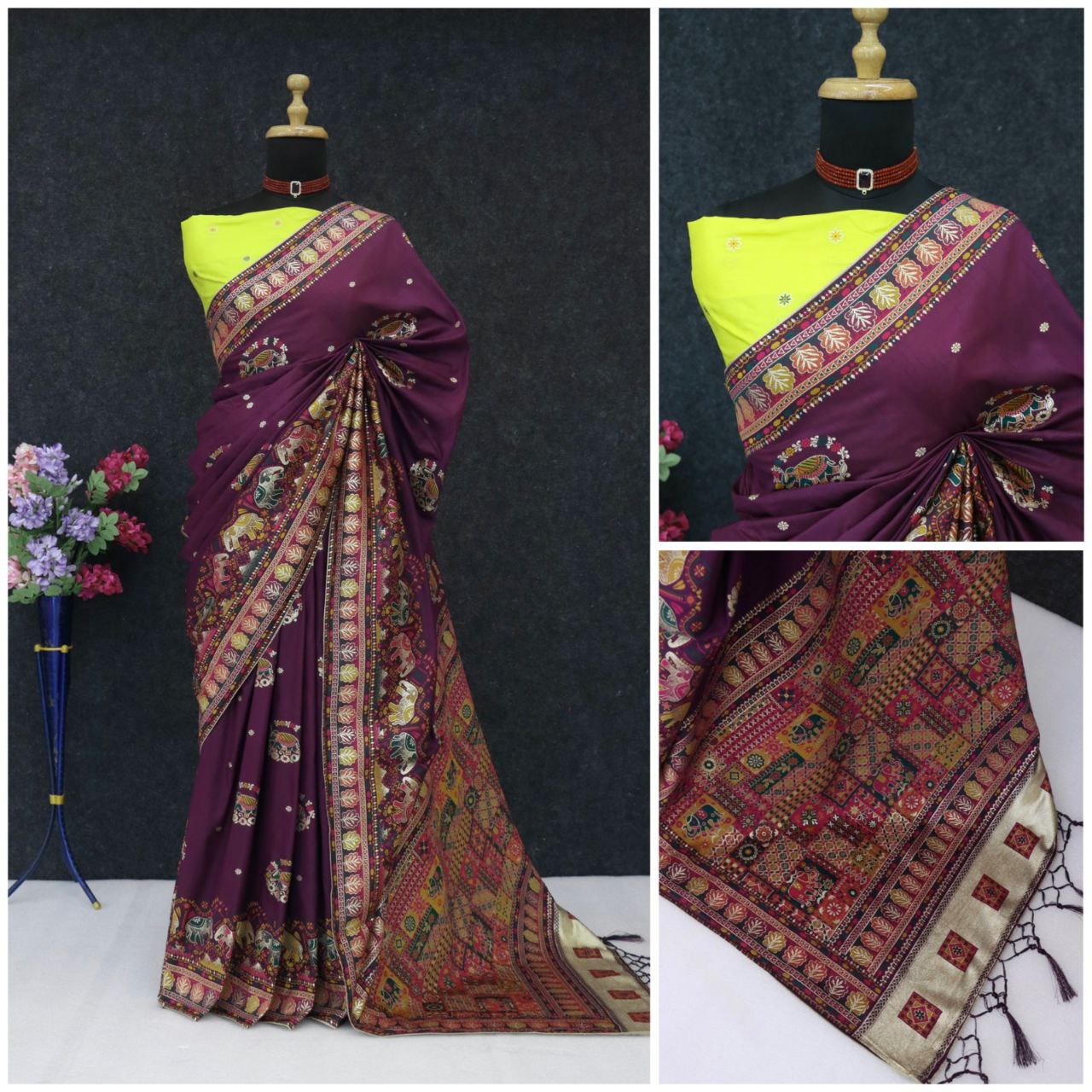 Ethnic Jacquard Silk Saree with Elephant Border - WINE