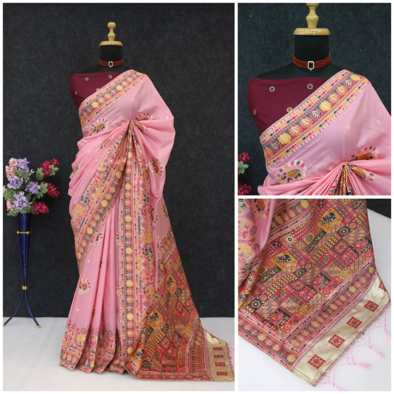 Ethnic Jacquard Silk Saree with Elephant Border - LIGHT PINK