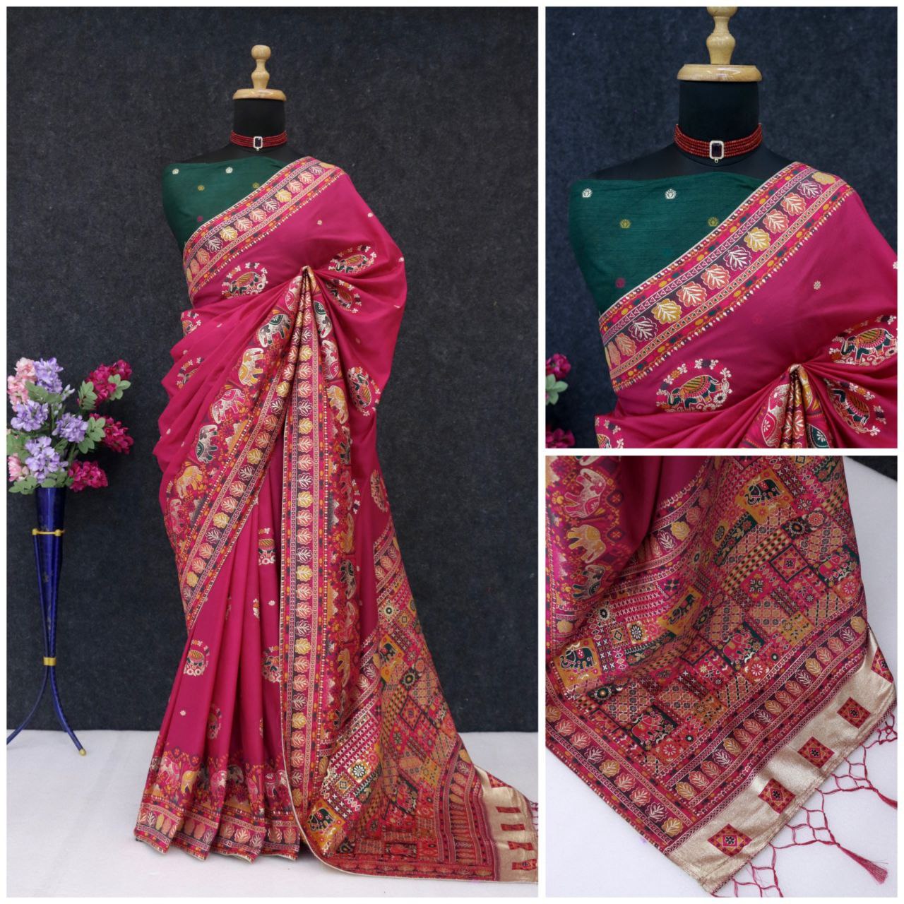 Ethnic Jacquard Silk Saree with Elephant Border - PINK