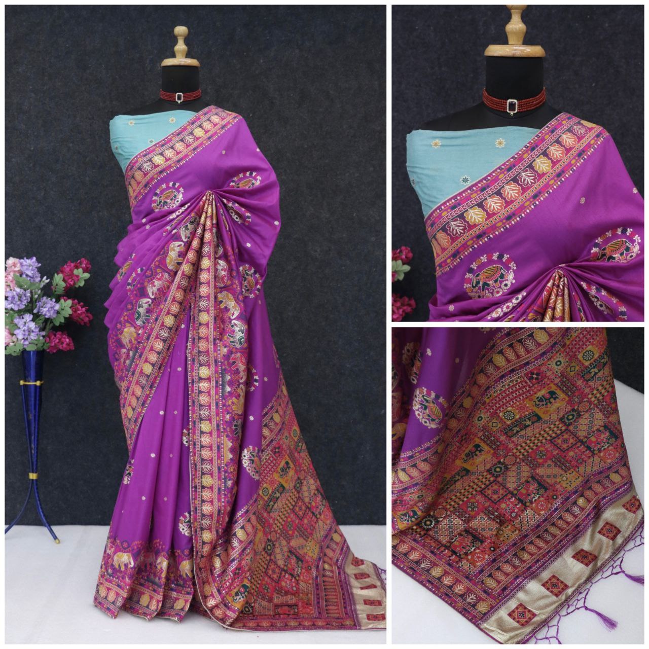Ethnic Jacquard Silk Saree with Elephant Border -PURPLE