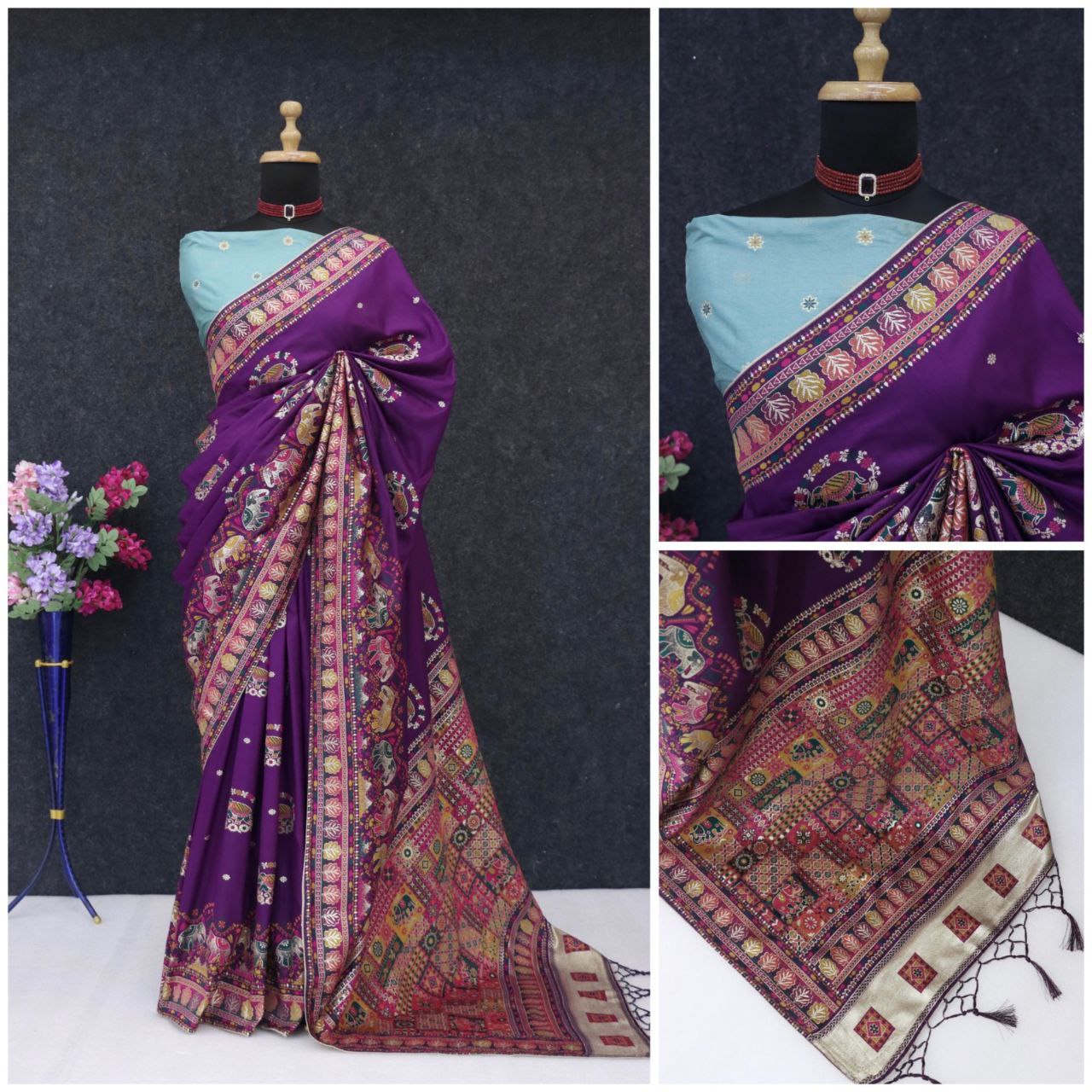 Ethnic Jacquard Silk Saree with Elephant Border - DARK PURPLE