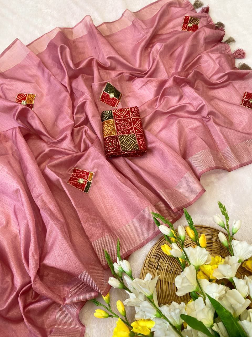 Elegant Cotton Bandhani Saree with Handmade Butta Work & Sequin Detailing - PINK