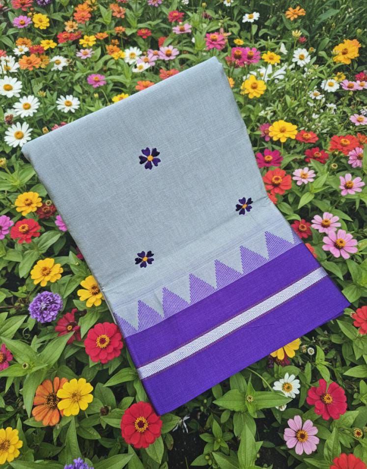 Handloom Cotton Saree with Floral Butta Work -SILVER GREY