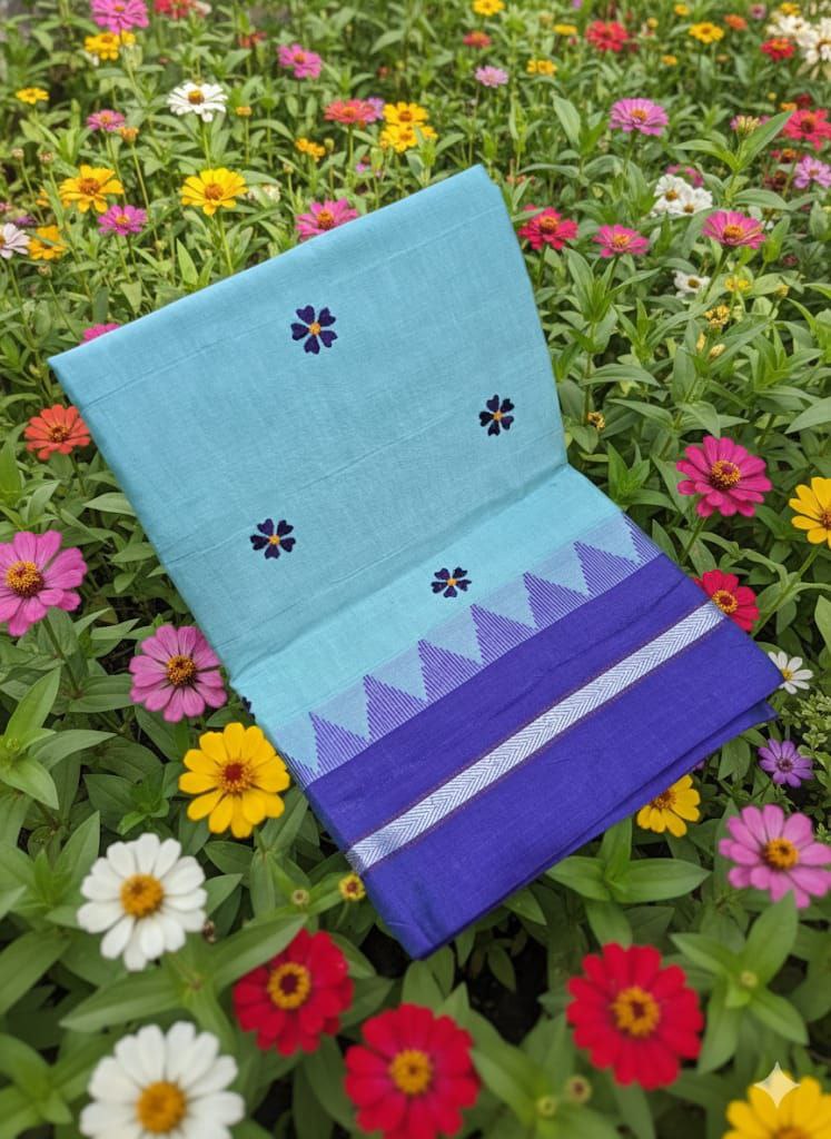 Handloom Cotton Saree with Floral Butta Work -BLUE