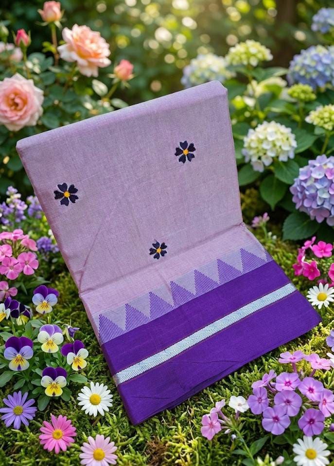 Handloom Cotton Saree with Floral Butta Work -DARK PURPLE