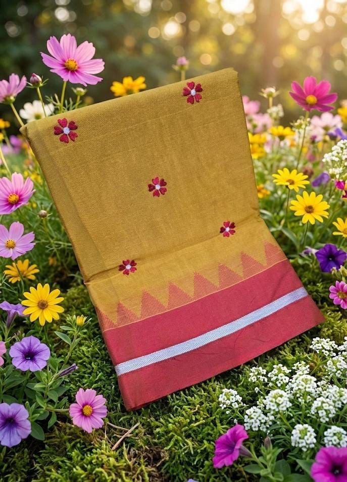 Handloom Cotton Saree with Floral Butta Work -YELLOW