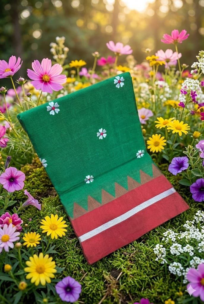 Handloom Cotton Saree with Floral Butta Work -GREEN