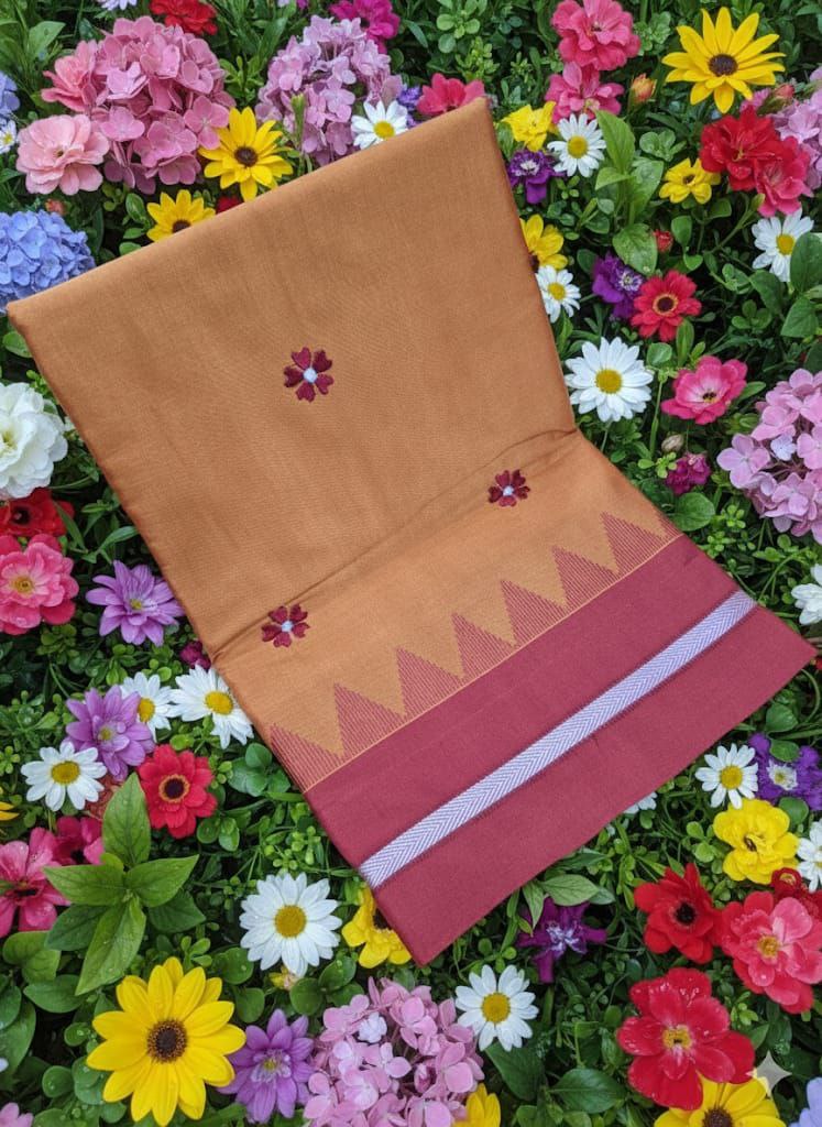 Handloom Cotton Saree with Floral Butta Work -ORANGE