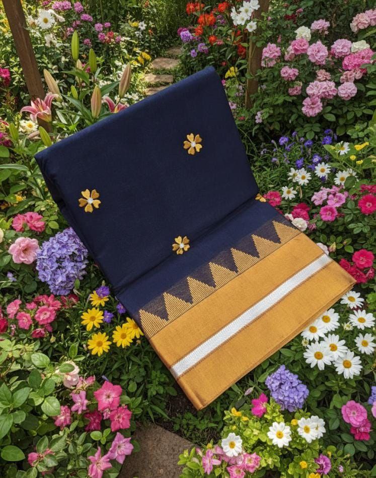 Handloom Cotton Saree with Floral Butta Work -DARK BLUE