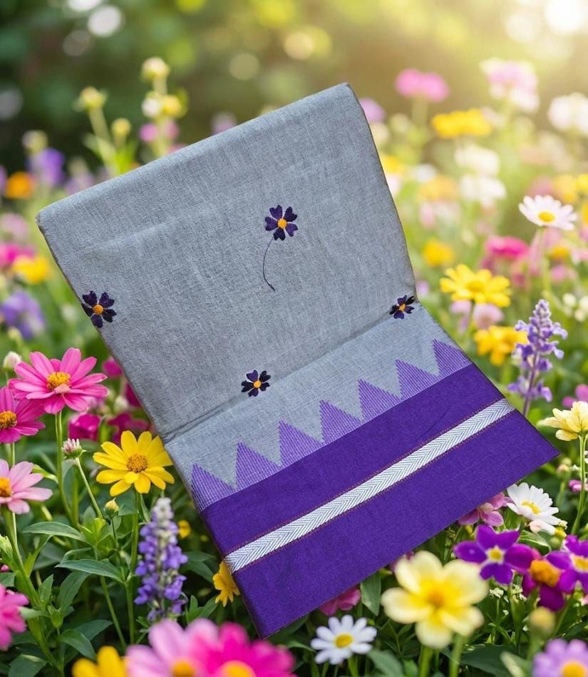 Handloom Cotton Saree with Floral Butta Work -DEEP PURPLE