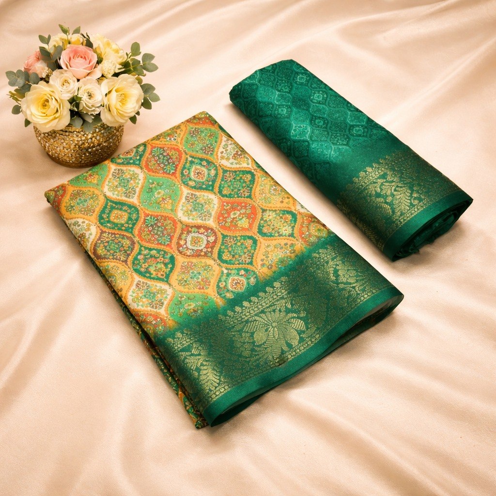 Multicolor Designer Banarasi Dola Silk Saree with Rich Zari Border & Pallu -GREEN