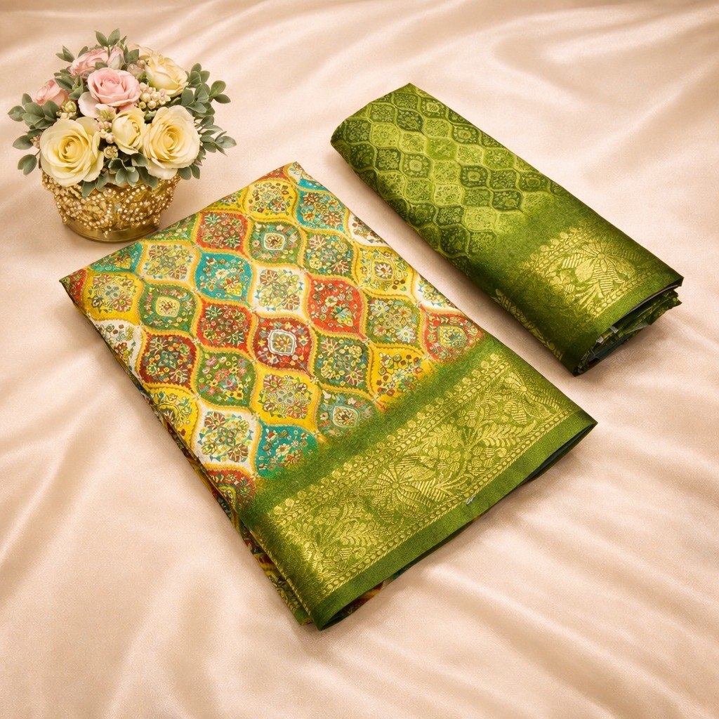 Multicolor Designer Banarasi Dola Silk Saree with Rich Zari Border & Pallu -PISTA