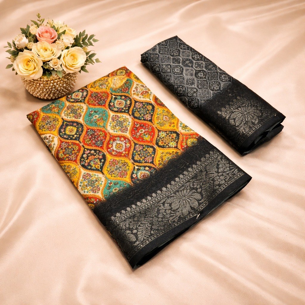 Multicolor Designer Banarasi Dola Silk Saree with Rich Zari Border & Pallu -BLACK