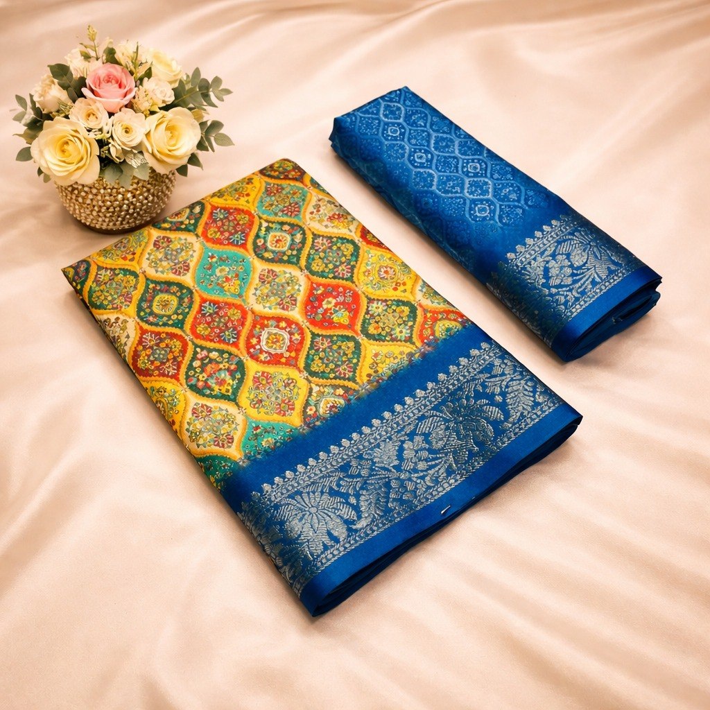 Multicolor Designer Banarasi Dola Silk Saree with Rich Zari Border & Pallu -BLUE`