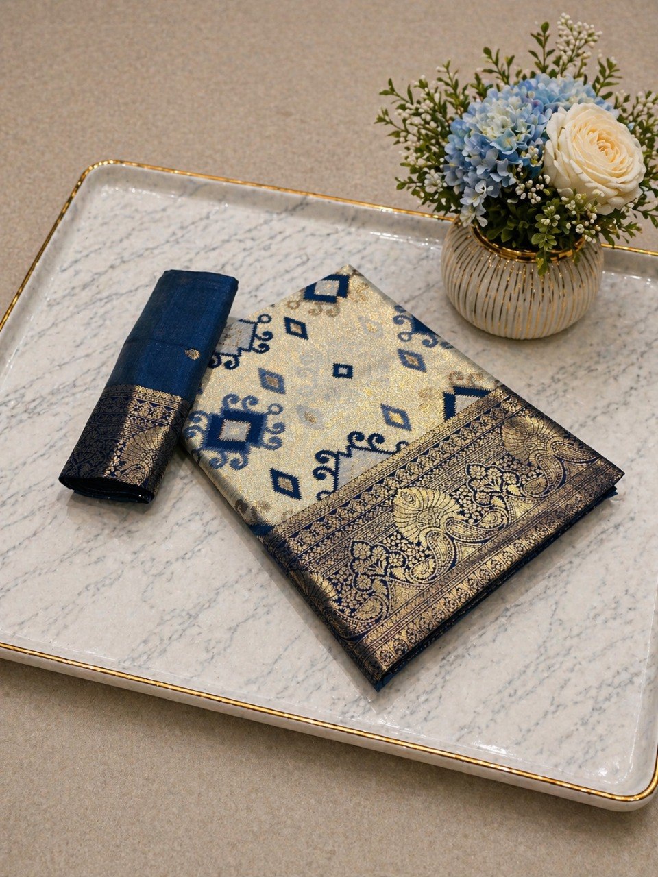 Heritage Ivory Banarasi Saree with Royal Zari Weaving -NAVY BLUE