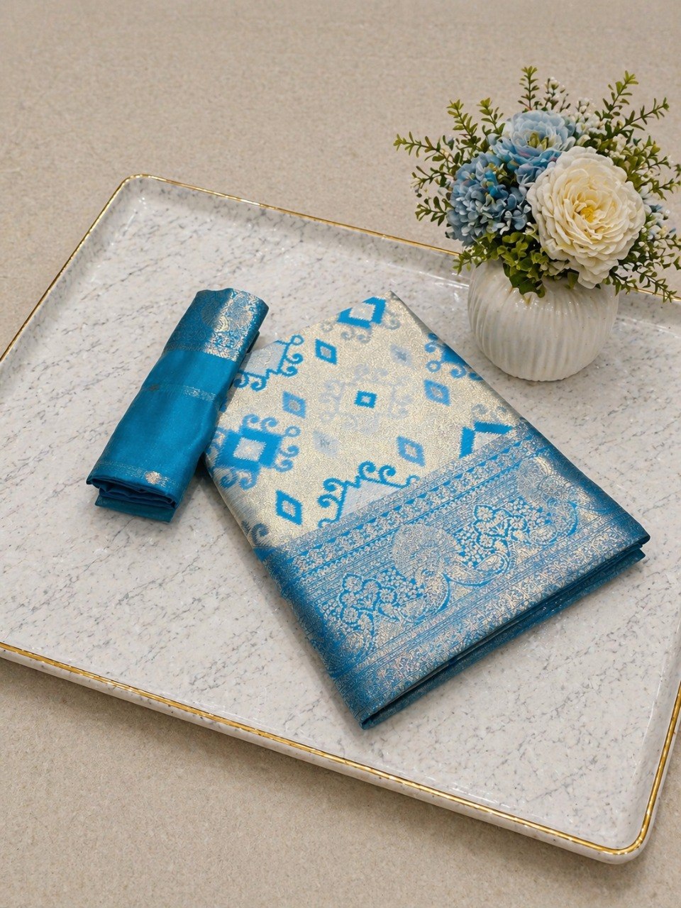 Heritage Ivory Banarasi Saree with Royal Zari Weaving -SKY BLUE