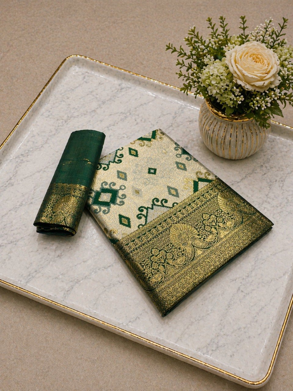 Heritage Ivory Banarasi Saree with Royal Zari Weaving -GREEN