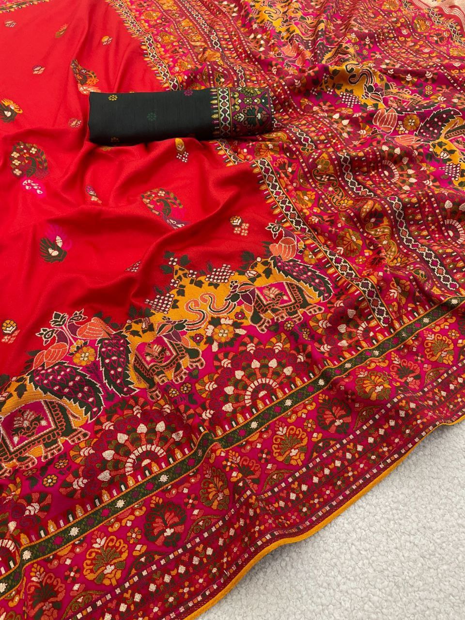 Heritage Soft Silk Saree with Elephant Procession Border & Rich Pallu - RED