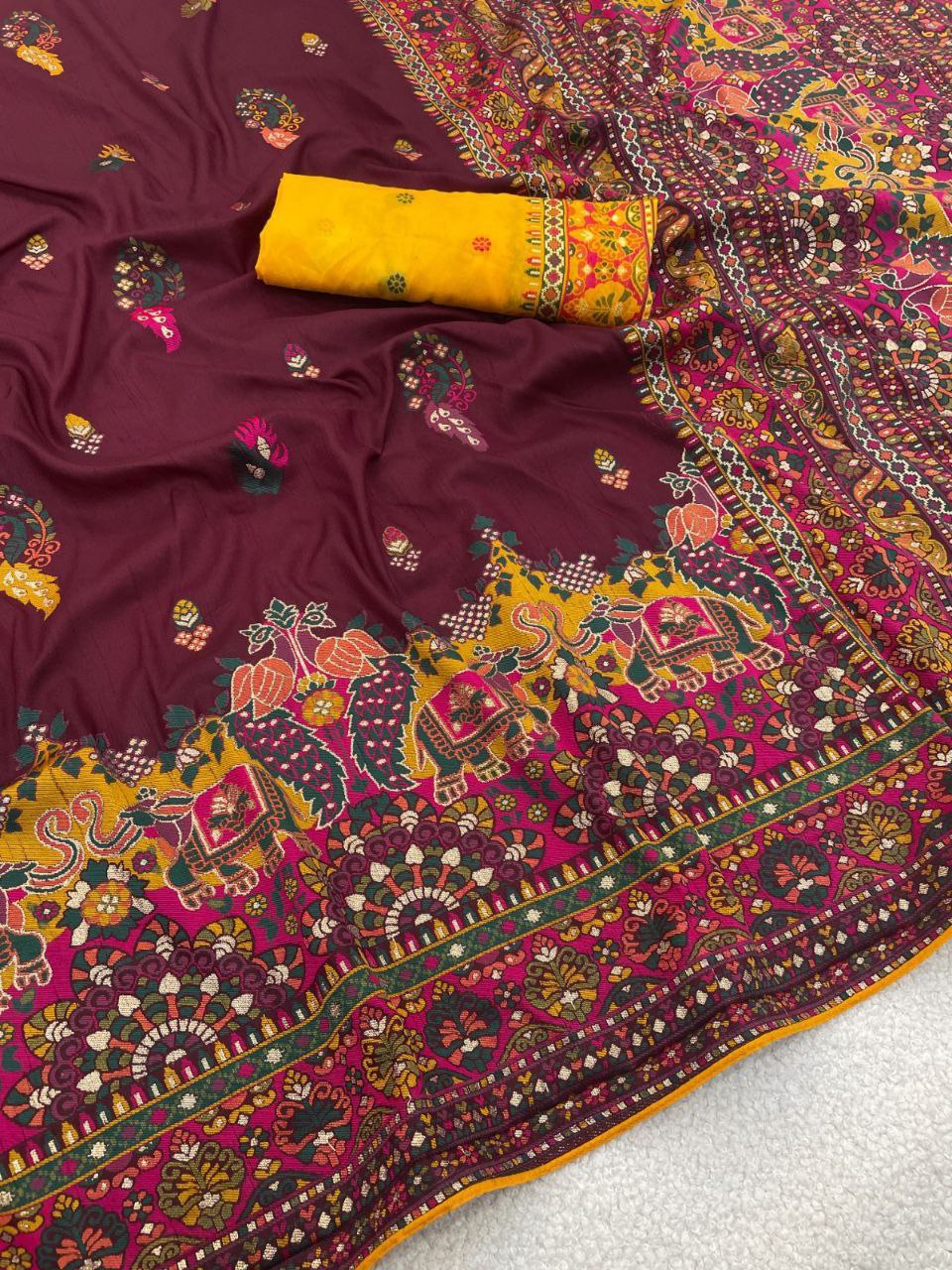 Heritage Soft Silk Saree with Elephant Procession Border & Rich Pallu - WINE