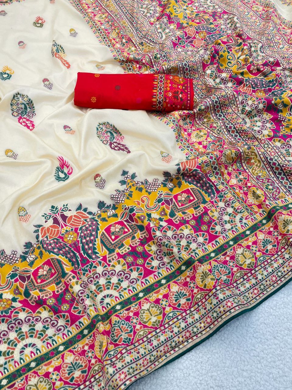 Heritage Soft Silk Saree with Elephant Procession Border & Rich Pallu - OFF WHITE