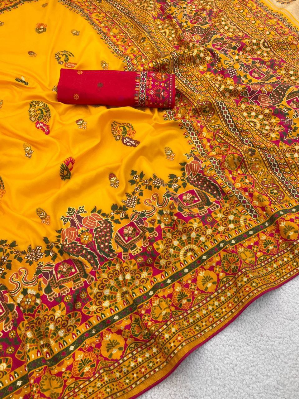 Heritage Soft Silk Saree with Elephant Procession Border & Rich Pallu - YELLOW