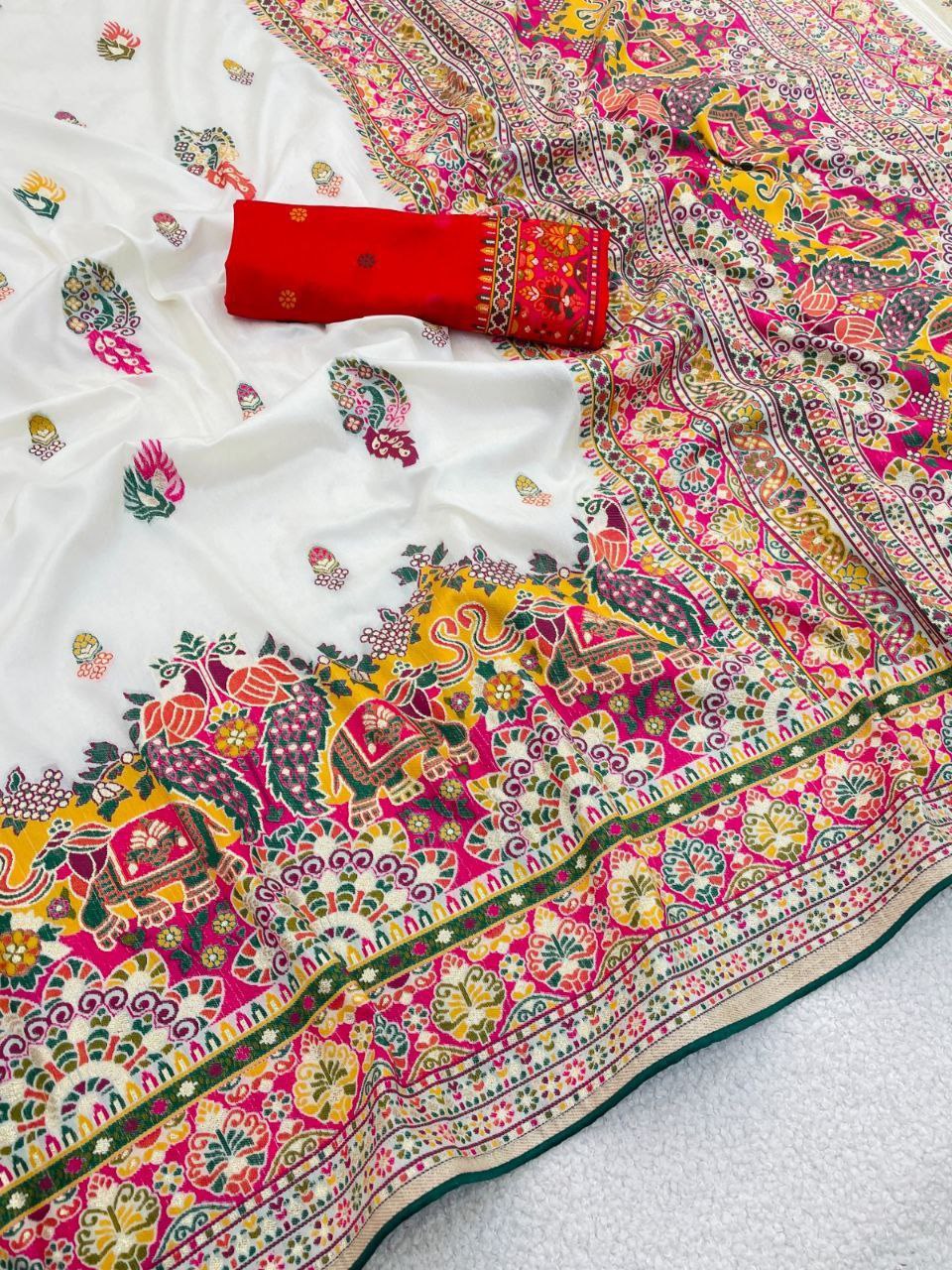 Heritage Soft Silk Saree with Elephant Procession Border & Rich Pallu - WHITE