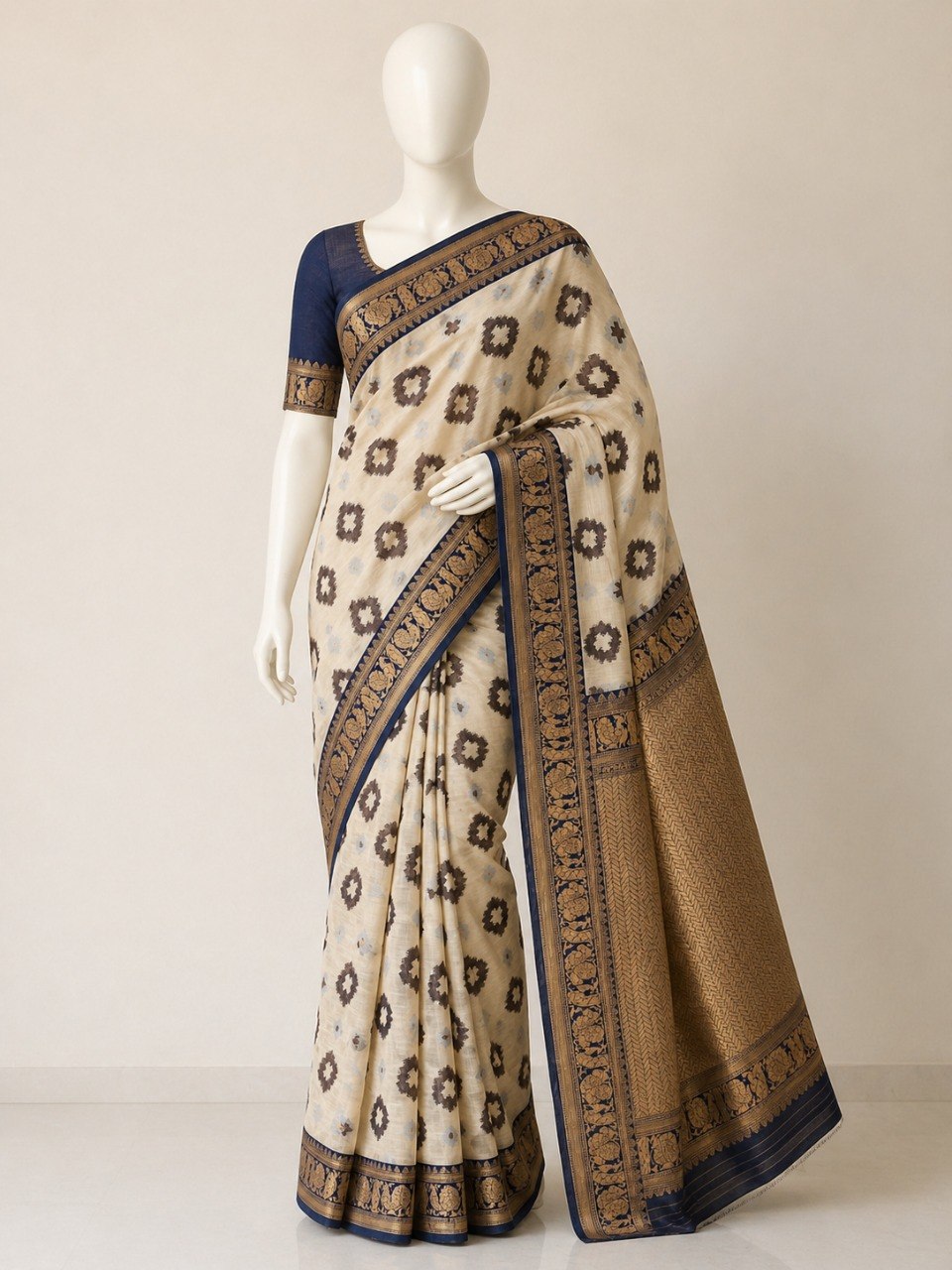 Premium Linen Cotton Saree with Floral Ethnic Weaving -NAVY BLUE