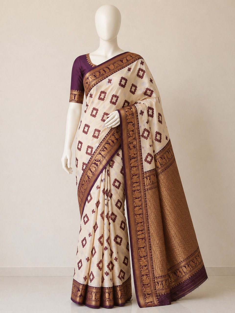 Premium Linen Cotton Saree with Floral Ethnic Weaving -WINE
