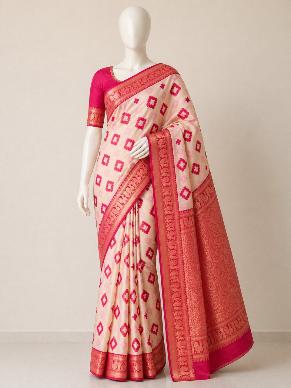 Premium Linen Cotton Saree with Floral Ethnic Weaving -PINK