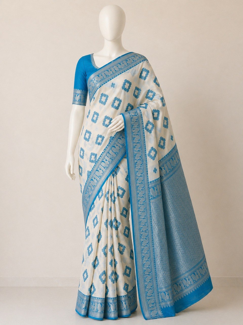 Premium Linen Cotton Saree with Floral Ethnic Weaving -SKY BLUE