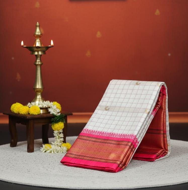 Royal  Kanjivaram Silk Saree with Elegant Checks & Zari Border - WHITE