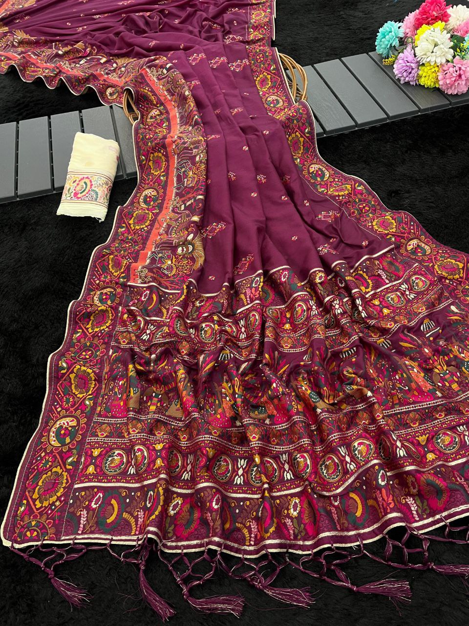 Royal Soft Silk Saree with Intricate Pashmina Work & Contrast Butti Blouse - WINE