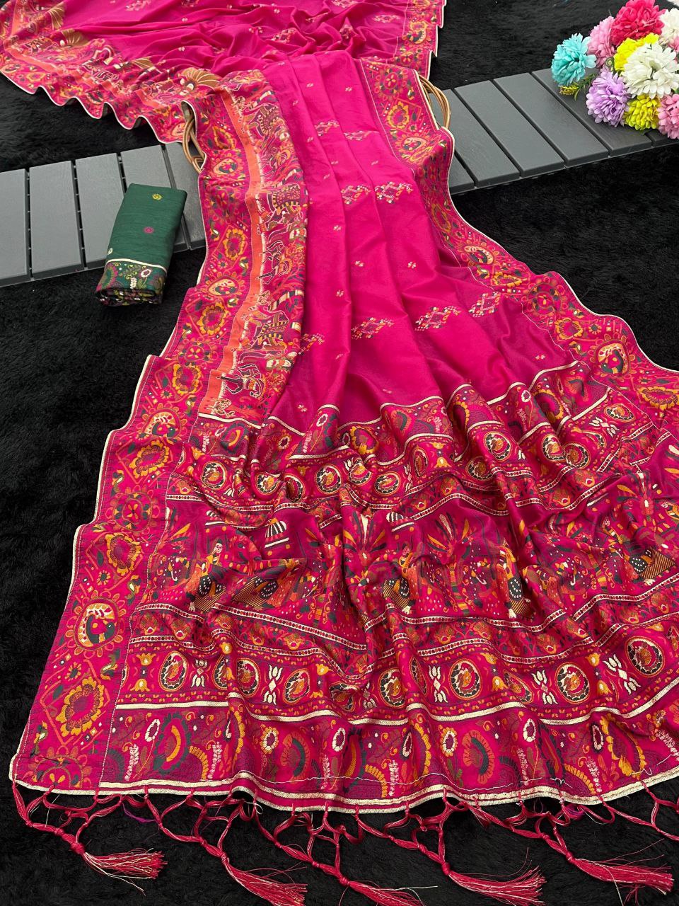 Royal Soft Silk Saree with Intricate Pashmina Work & Contrast Butti Blouse - RANI PINK