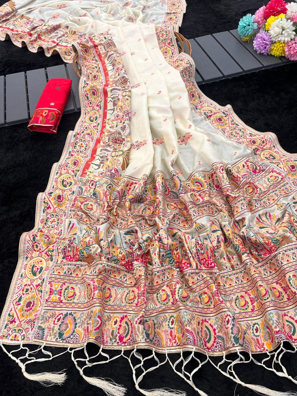 Royal Soft Silk Saree with Intricate Pashmina Work & Contrast Butti Blouse - WHITE