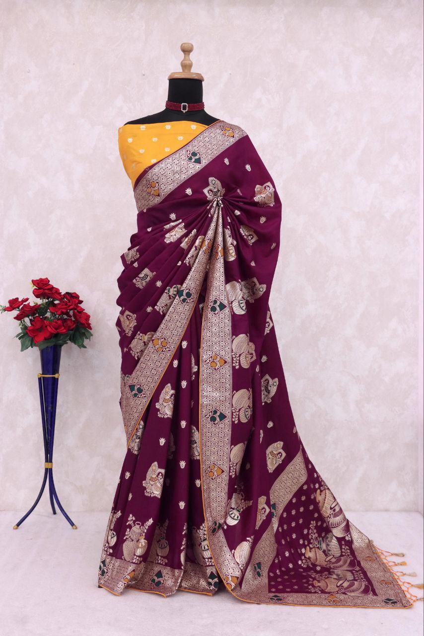 Olive Green Traditional Woven Silk Saree - WINE