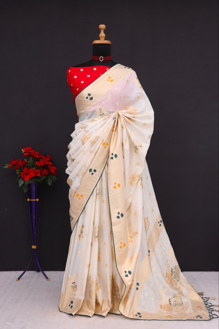 Olive Green Traditional Woven Silk Saree - WHITE