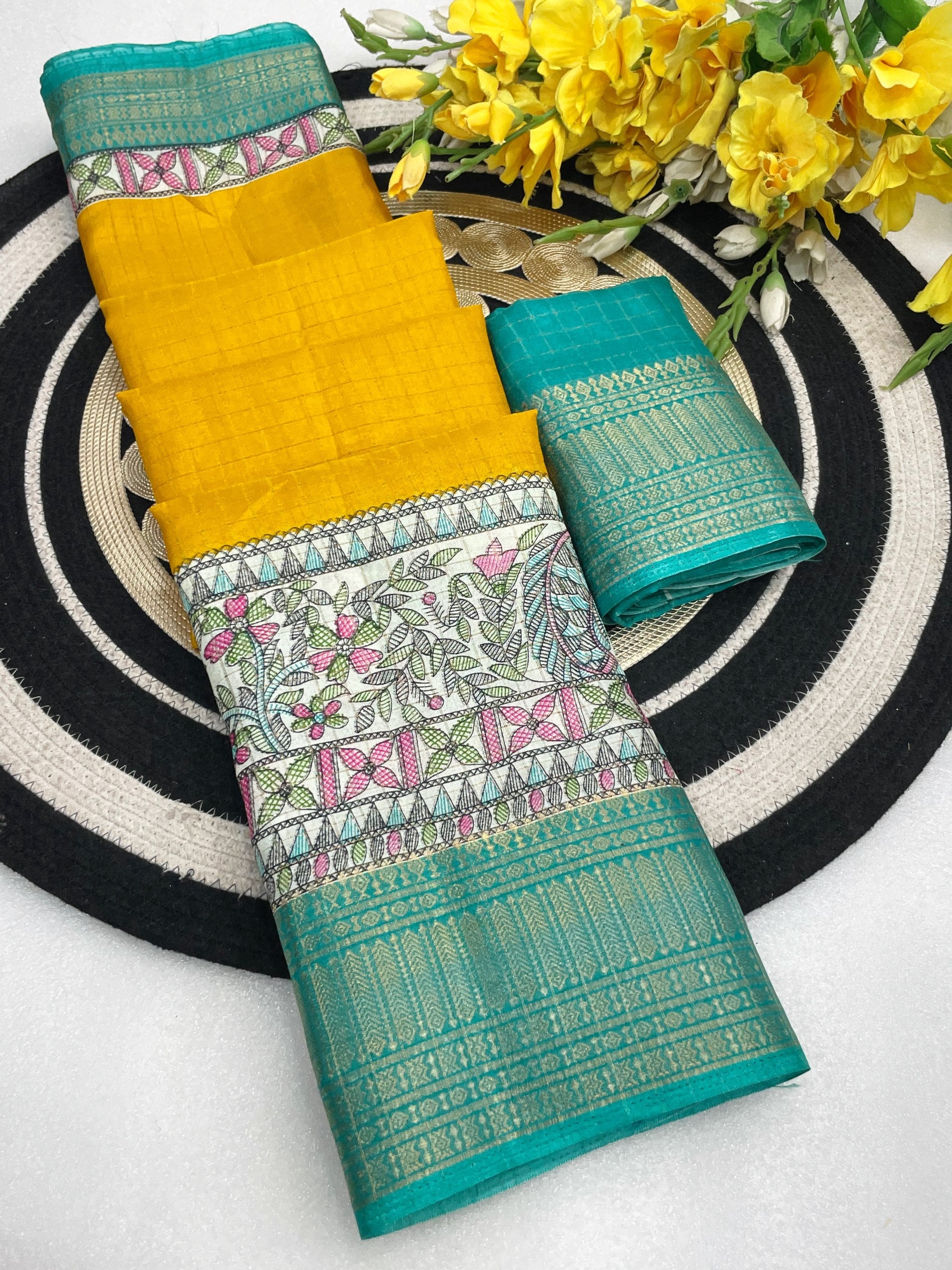 Royal Two-Tone Dolla Checks Saree With Jacquard Border & Contrast Designer Blouse -YELLOW