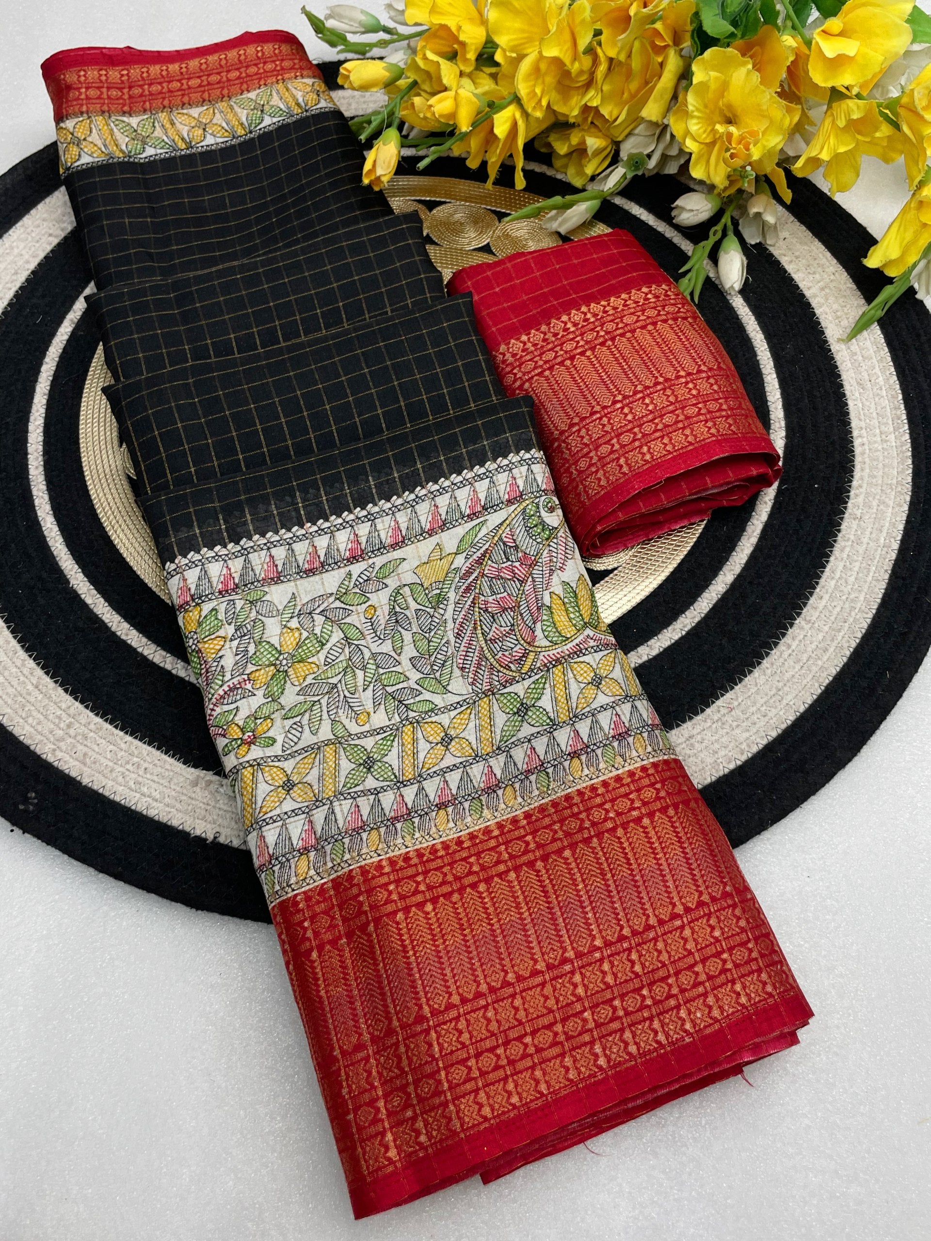 Royal Two-Tone Dolla Checks Saree With Jacquard Border & Contrast Designer Blouse - BLACK
