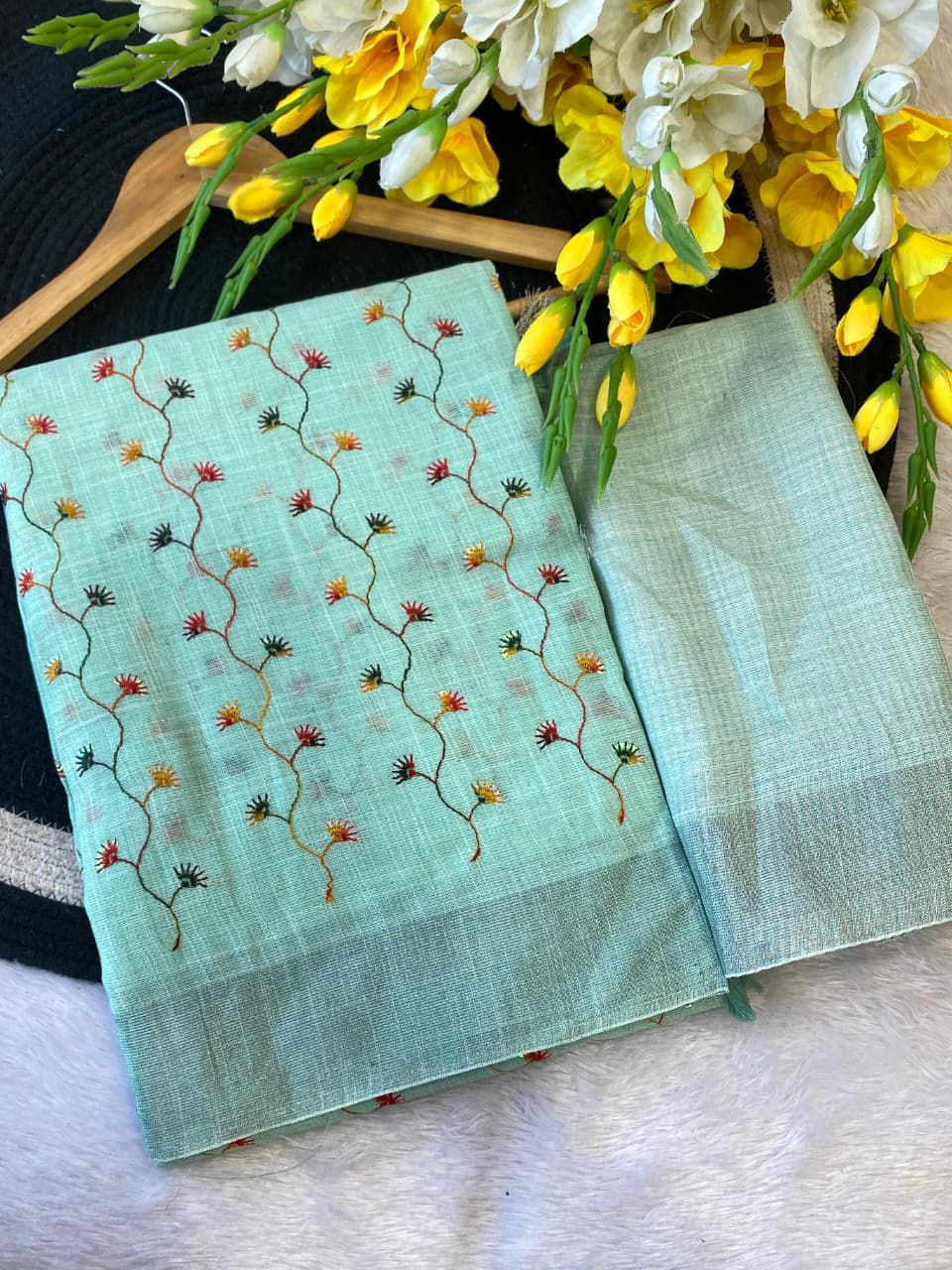 Hand-Embroidered Floral Dress Material - SEA GREEN
