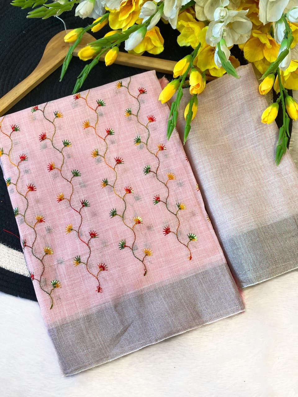 Hand-Embroidered Floral Dress Material - PINK
