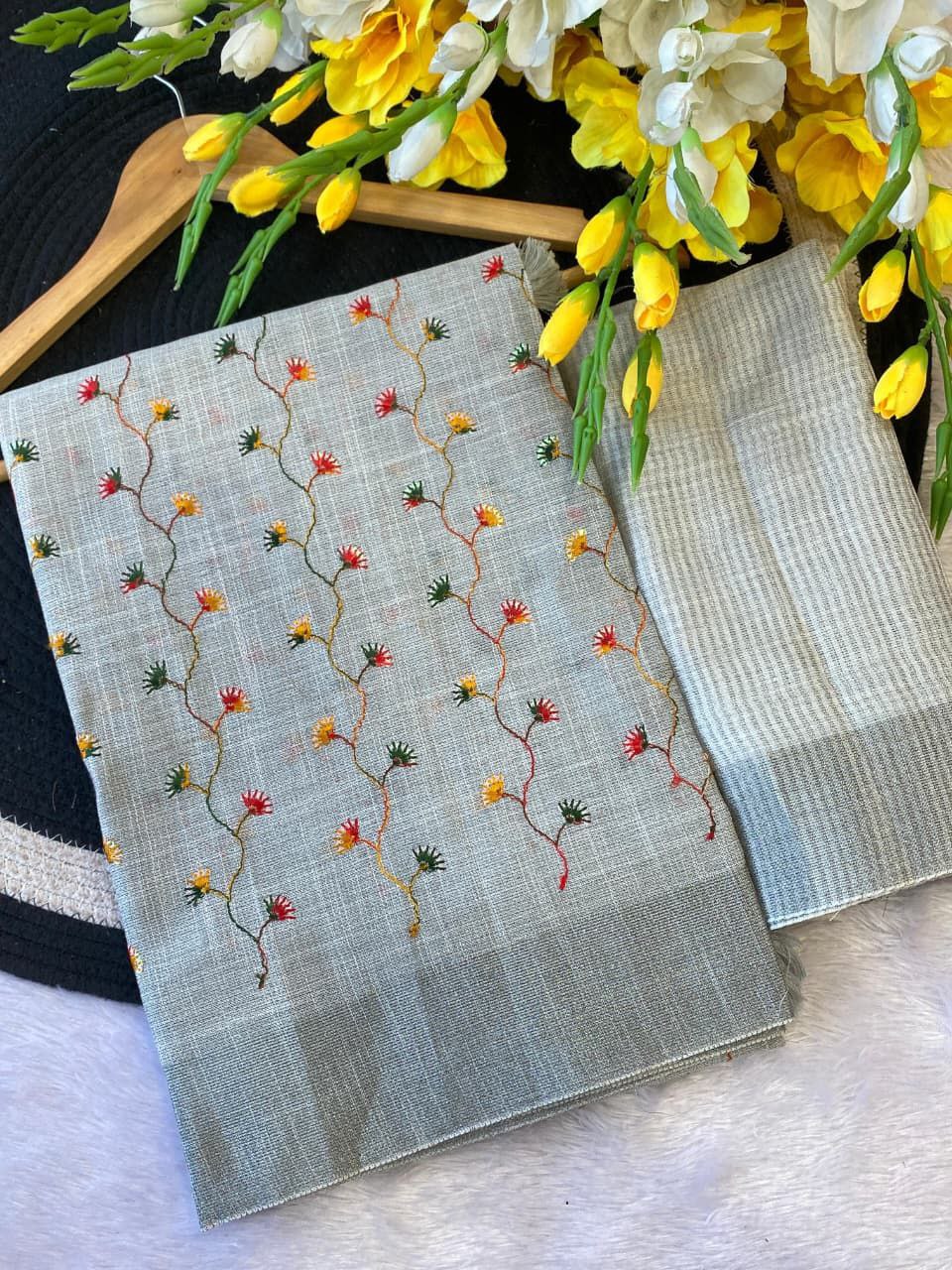 Hand-Embroidered Floral Dress Material - GREY